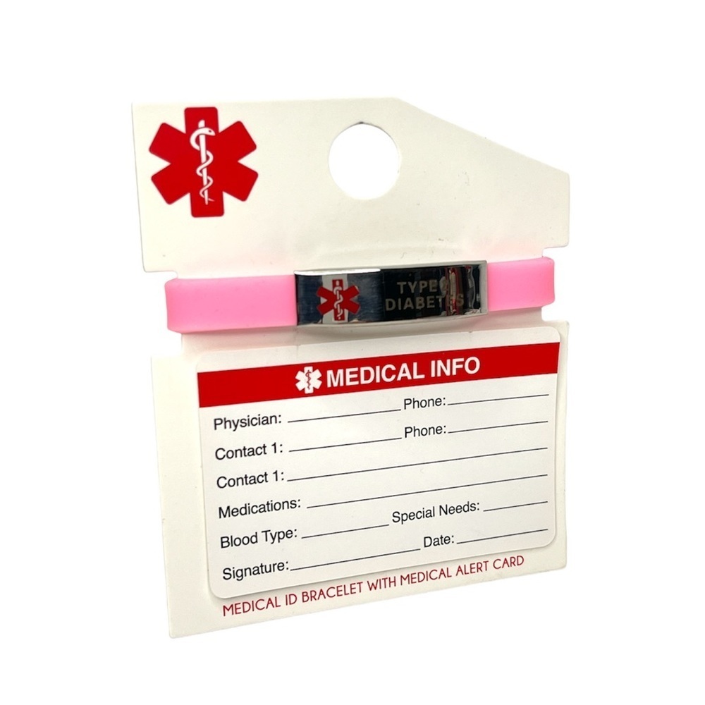 Medical ID Bracelet‎ - Type 2 Diabetes Pink Silicone Adjustable Alert Bracelet